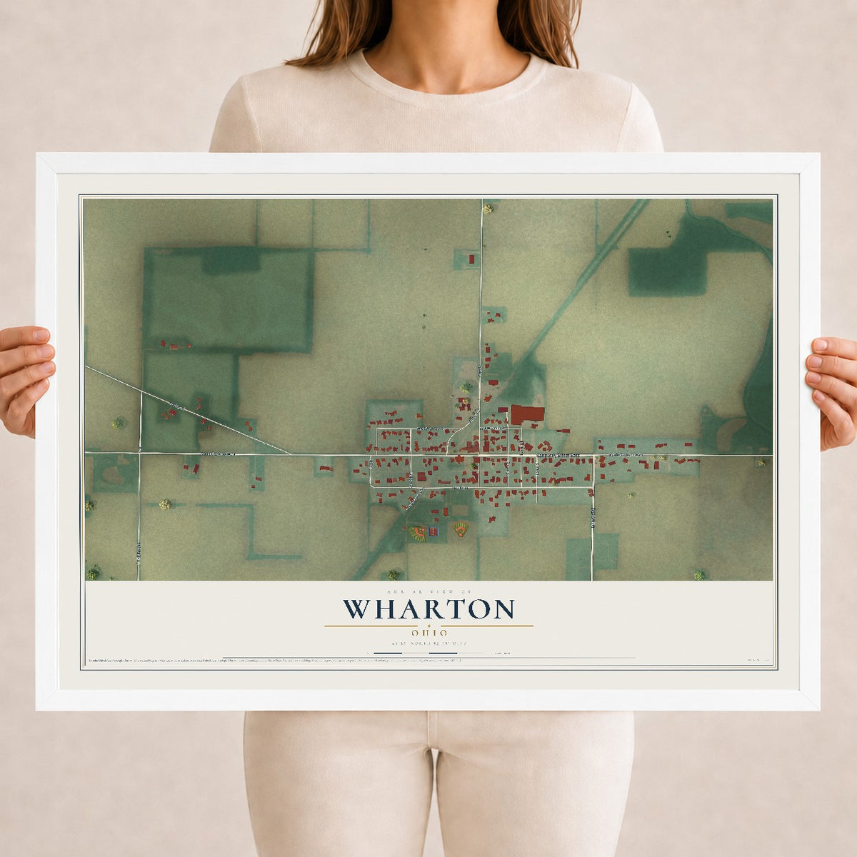 Map of Wharton, Ohio, 18 x 24 inch print in a white wood frame