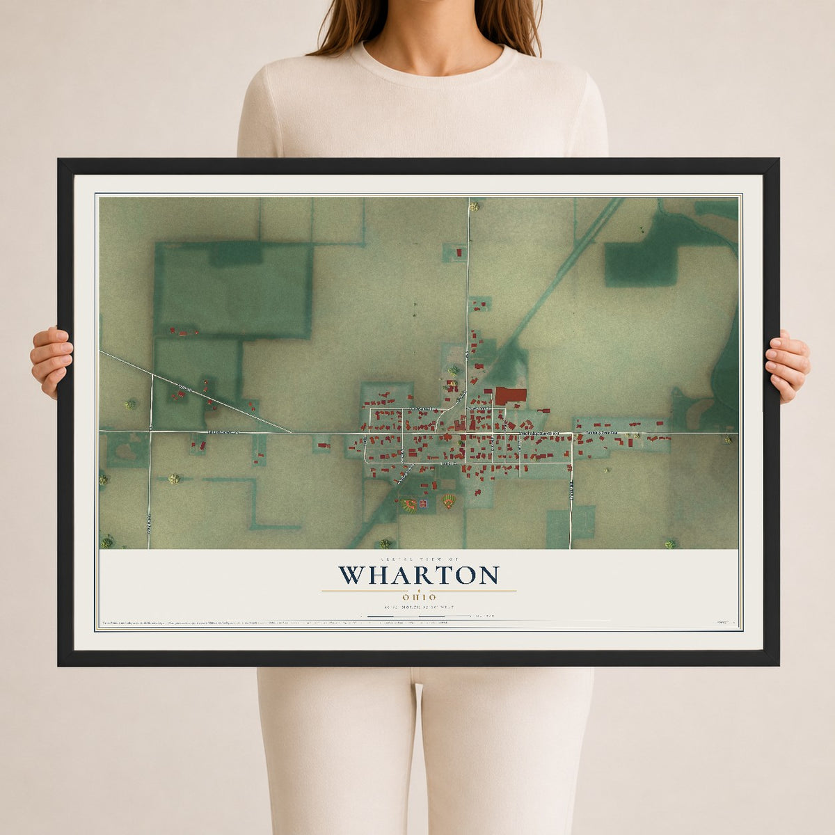 Map of Wharton, Ohio, 24 x 36 inch print in a black wood frame