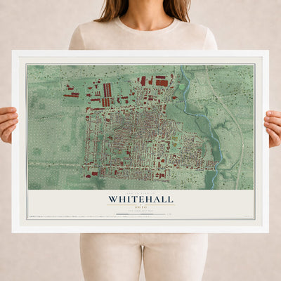 Map of Whitehall, Ohio, 18 x 24 inch print in a white wood frame