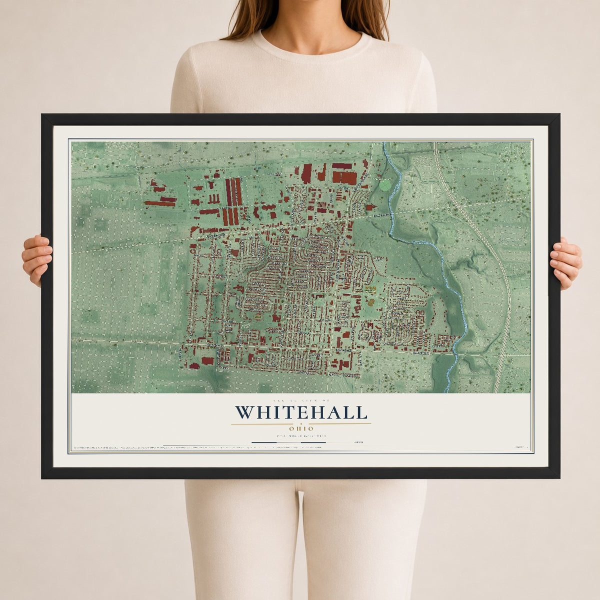 Map of Whitehall, Ohio, 24 x 36 inch print in a black wood frame