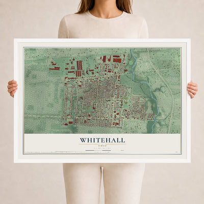 Map of Whitehall, Ohio, 24 x 36 inch print in a white wood frame