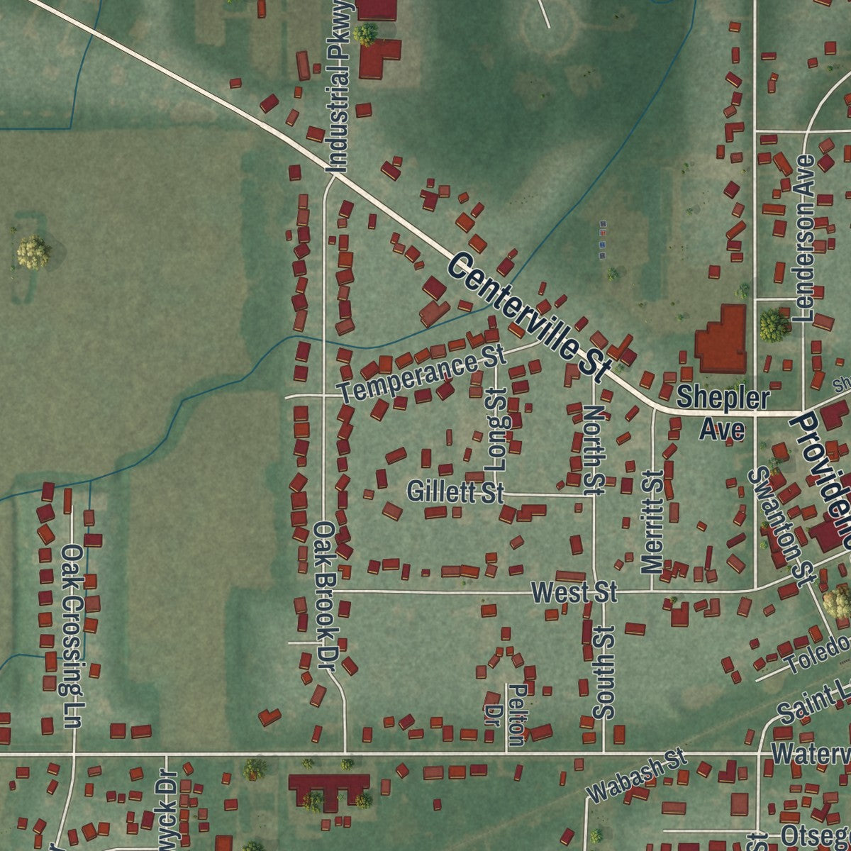 Close-up of the map of Whitehouse, Ohio print showing street and building detail