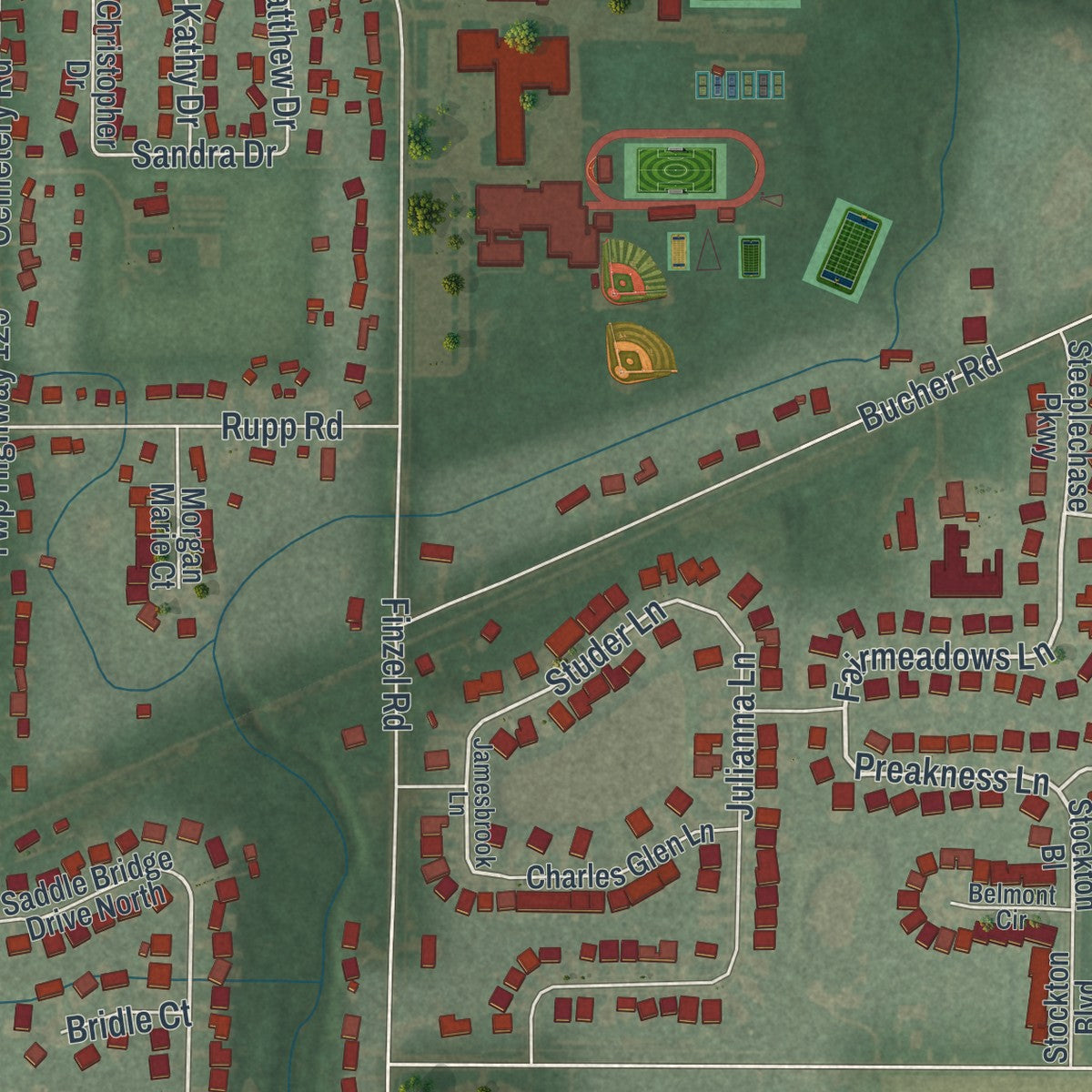Second close-up of the map of Whitehouse, Ohio print showing more streets and buildings