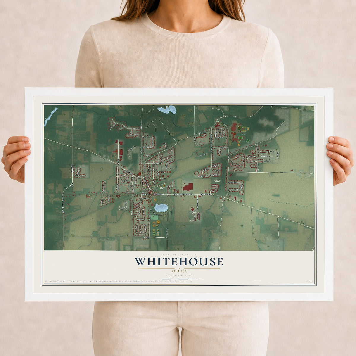 Map of Whitehouse, Ohio, 12 x 18 inch print in a white wood frame