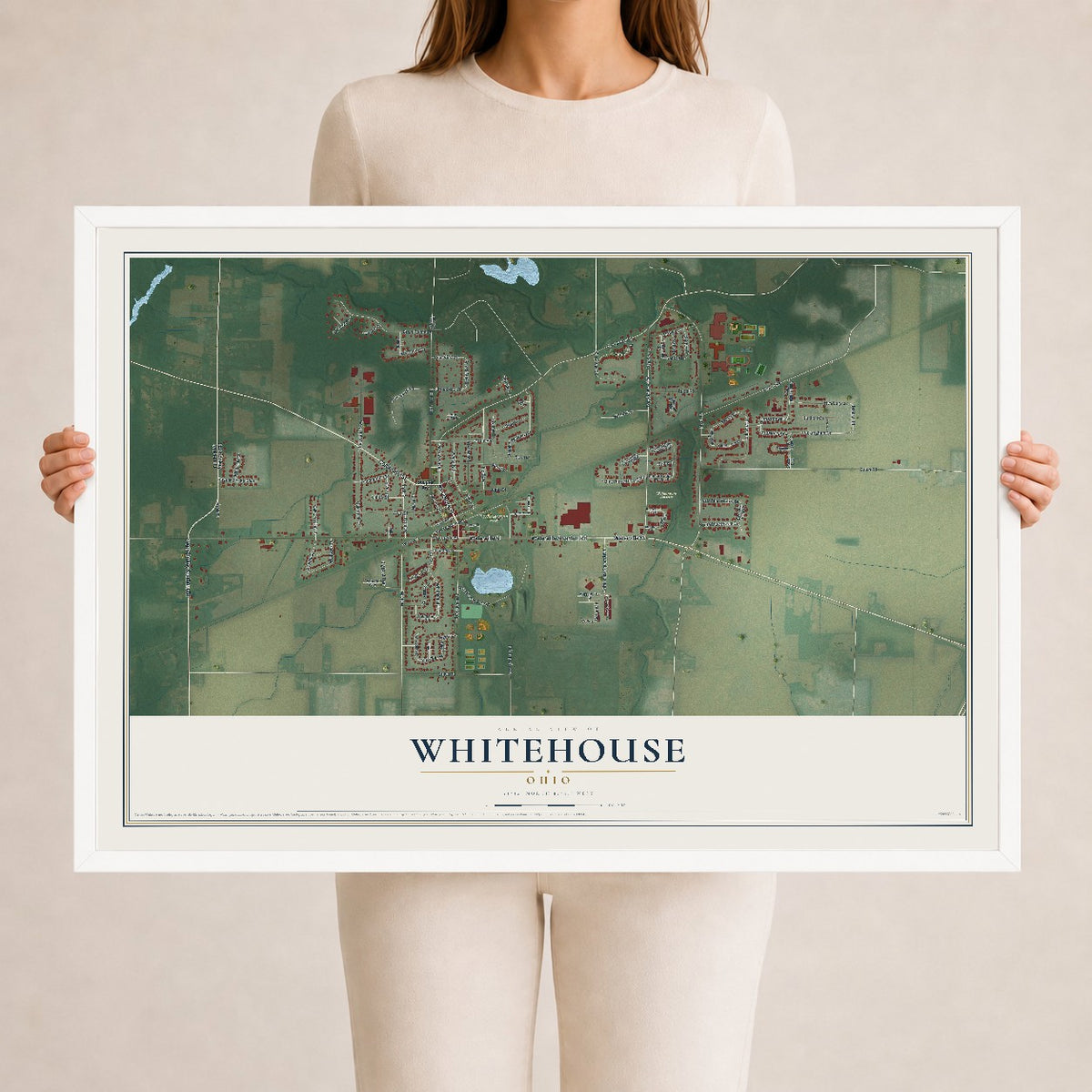 Map of Whitehouse, Ohio, 24 x 36 inch print in a white wood frame