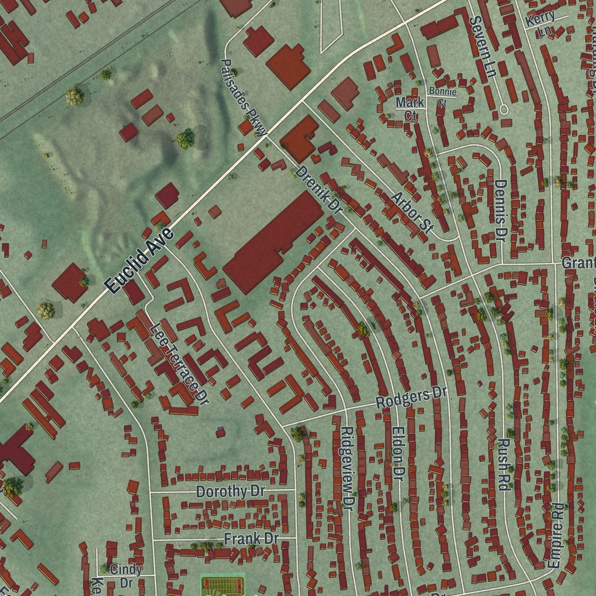 Close-up of the map of Wickliffe, Ohio print showing street and building detail