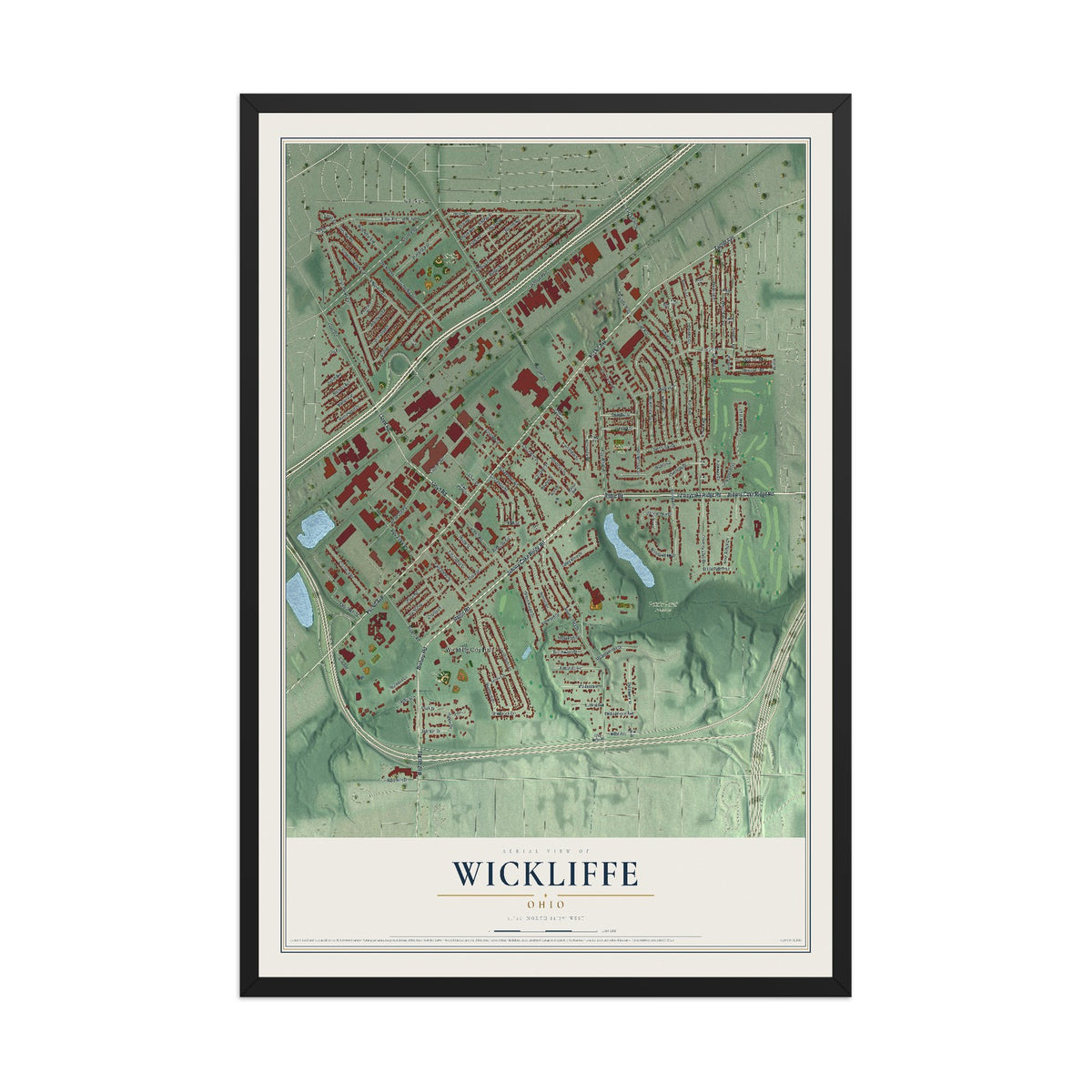 Map of Wickliffe, Ohio, 12 x 18 inch print in a black wood frame