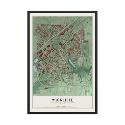 Map of Wickliffe, Ohio, 12 x 18 inch print in a black wood frame