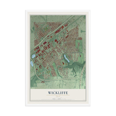 Map of Wickliffe, Ohio, 12 x 18 inch print in a white wood frame