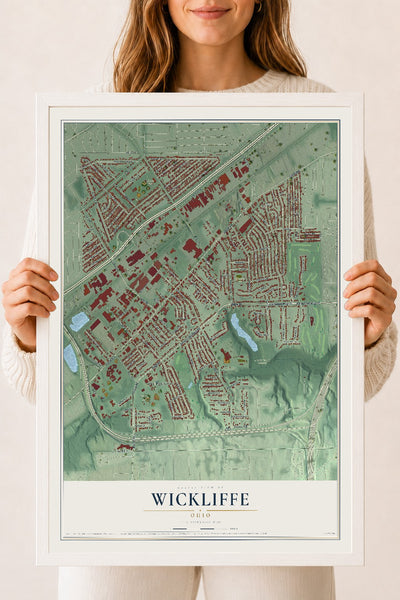Map of Wickliffe, Ohio, 18 x 24 inch print in a white wood frame
