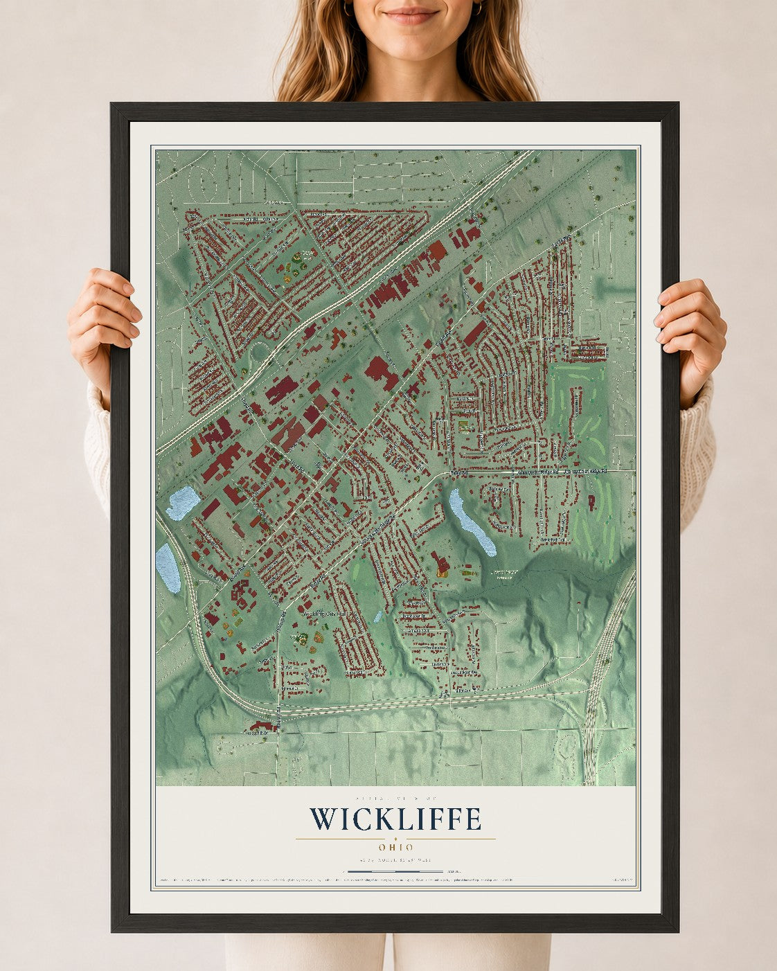 Map of Wickliffe, Ohio, 24 x 36 inch print in a black wood frame
