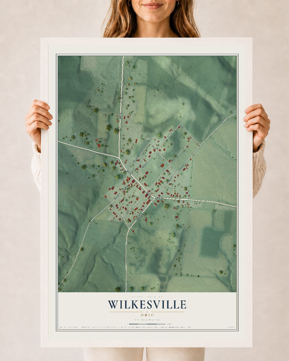Map of Wilkesville, Ohio, 24 x 36 inch print in a white wood frame