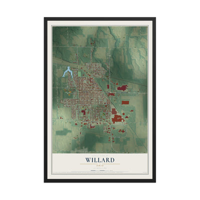 Map of Willard, Ohio, 12 x 18 inch print in a black wood frame