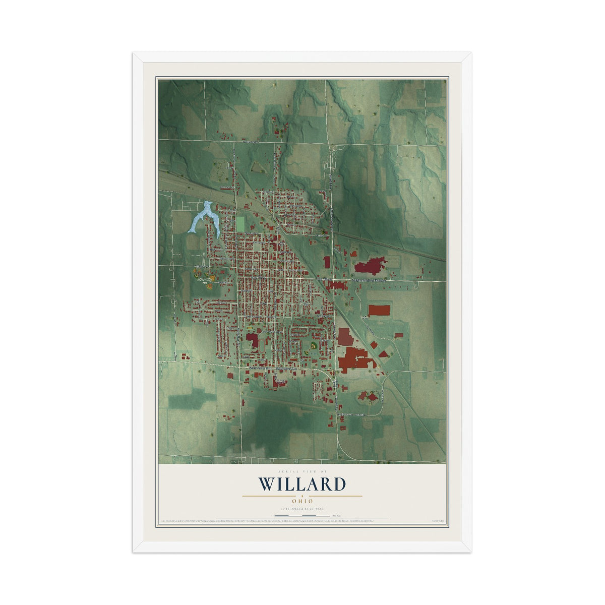 Map of Willard, Ohio, 12 x 18 inch print in a white wood frame