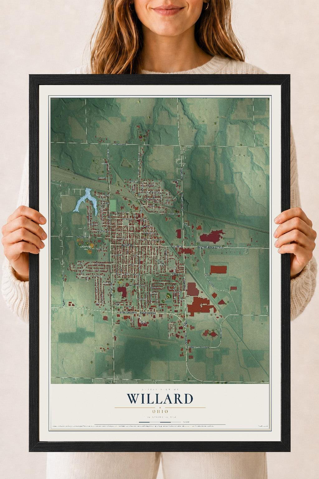 Map of Willard, Ohio, 18 x 24 inch print in a black wood frame