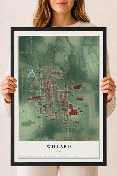 Map of Willard, Ohio, 18 x 24 inch print in a black wood frame