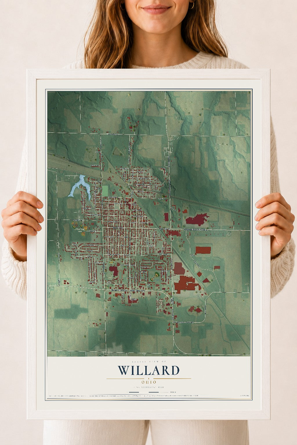 Map of Willard, Ohio, 18 x 24 inch print in a white wood frame