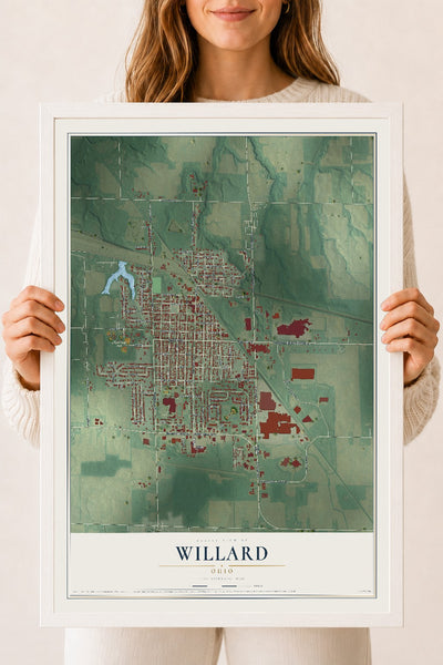 Map of Willard, Ohio, 18 x 24 inch print in a white wood frame