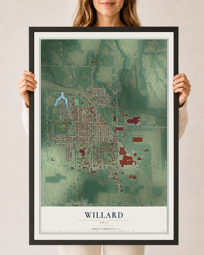 Map of Willard, Ohio, 24 x 36 inch print in a black wood frame