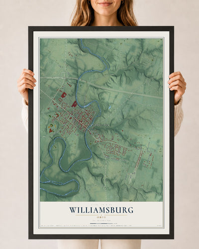 Map of Williamsburg, Ohio, 24 x 36 inch print in a black wood frame