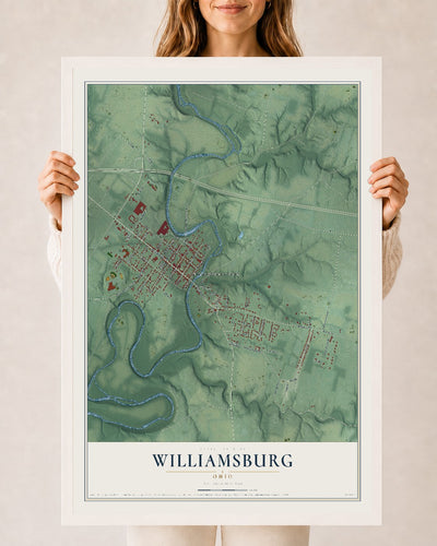 Map of Williamsburg, Ohio, 24 x 36 inch print in a white wood frame