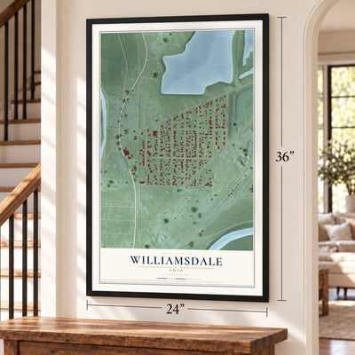 Williamsdale, Ohio map, 24 x 36 inch print in a black frame by a staircase