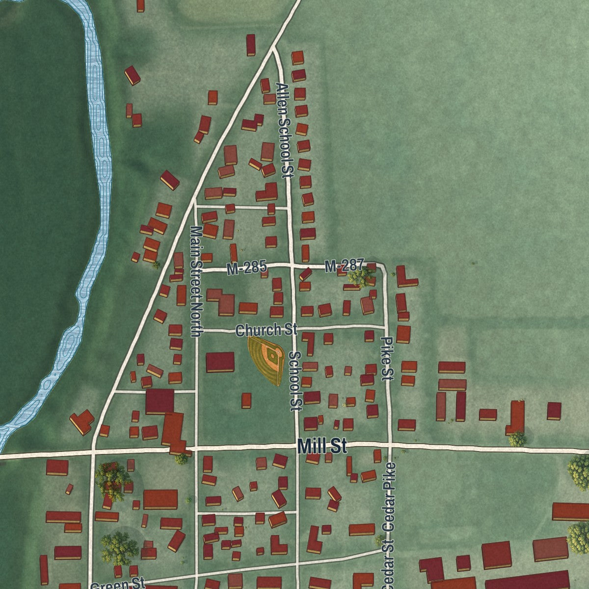 Close-up of the map of Williamsport, Ohio print showing street and building detail