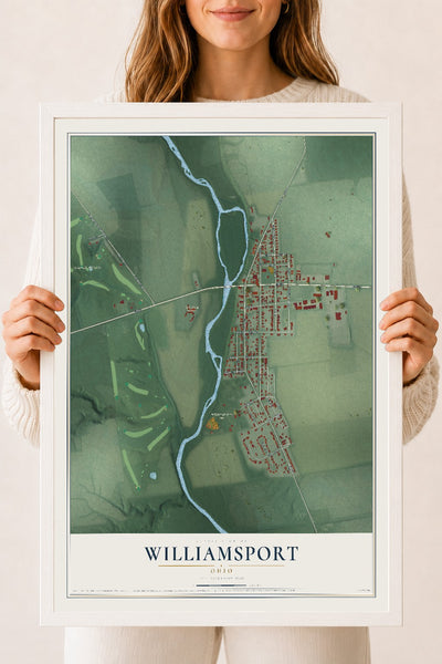 Map of Williamsport, Ohio, 18 x 24 inch print in a white wood frame
