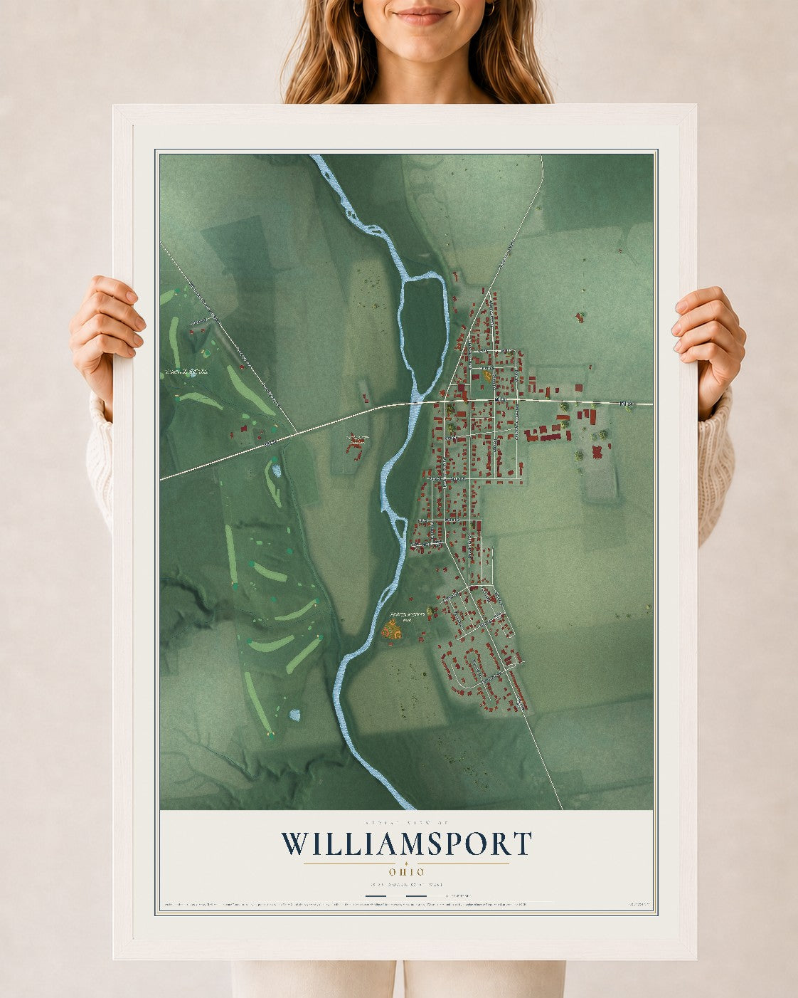 Map of Williamsport, Ohio, 24 x 36 inch print in a white wood frame
