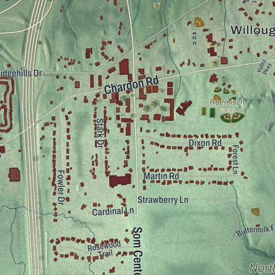 Close-up of the map of Willoughby Hills, Ohio print showing street and building detail
