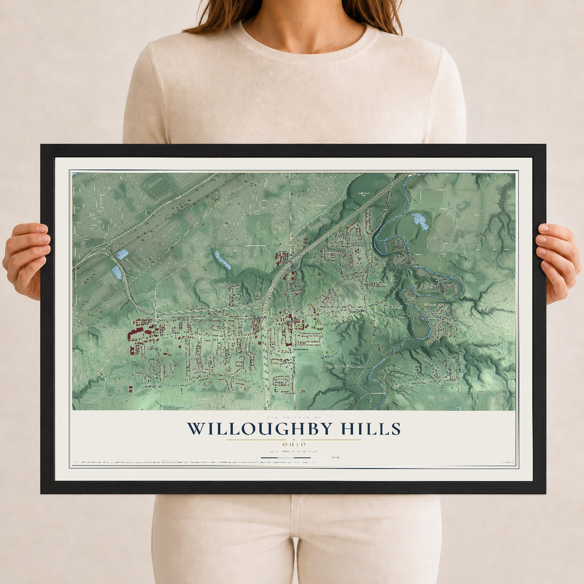 Map of Willoughby Hills, Ohio, 12 x 18 inch print in a black wood frame