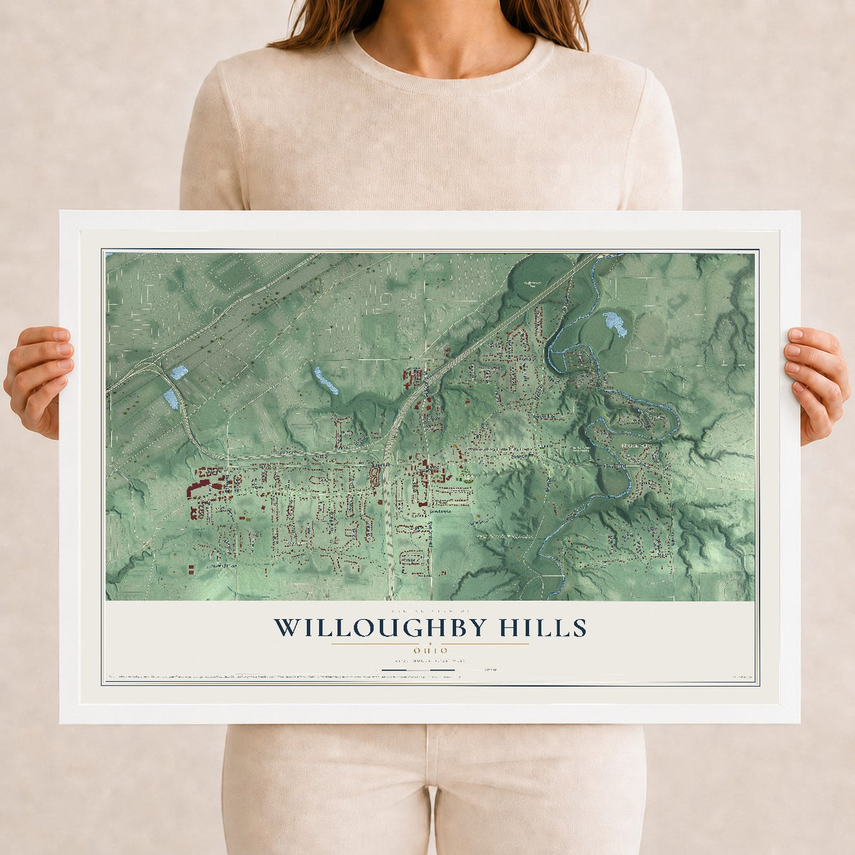 Map of Willoughby Hills, Ohio, 12 x 18 inch print in a white wood frame