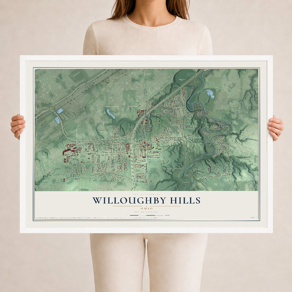 Map of Willoughby Hills, Ohio, 24 x 36 inch print in a white wood frame