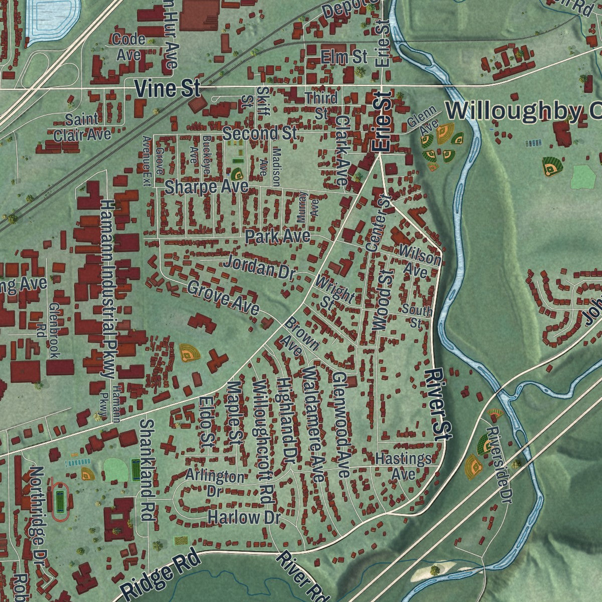Close-up of the map of Willoughby, Ohio print showing street and building detail