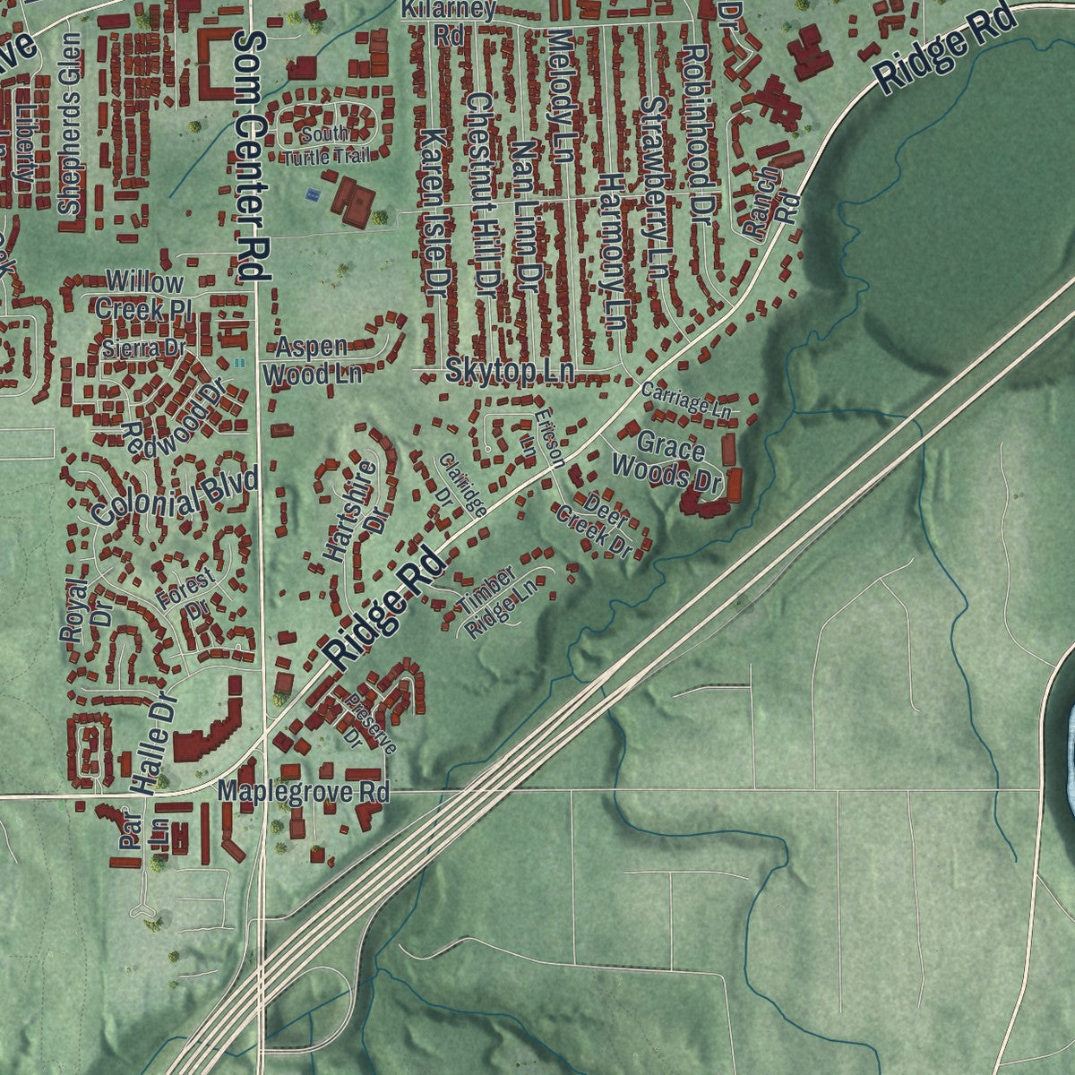 Second close-up of the map of Willoughby, Ohio print showing more streets and buildings
