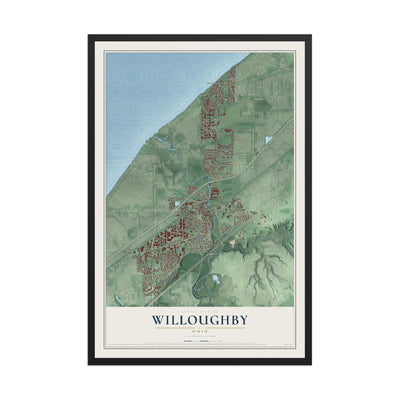 Map of Willoughby, Ohio, 12 x 18 inch print in a black wood frame
