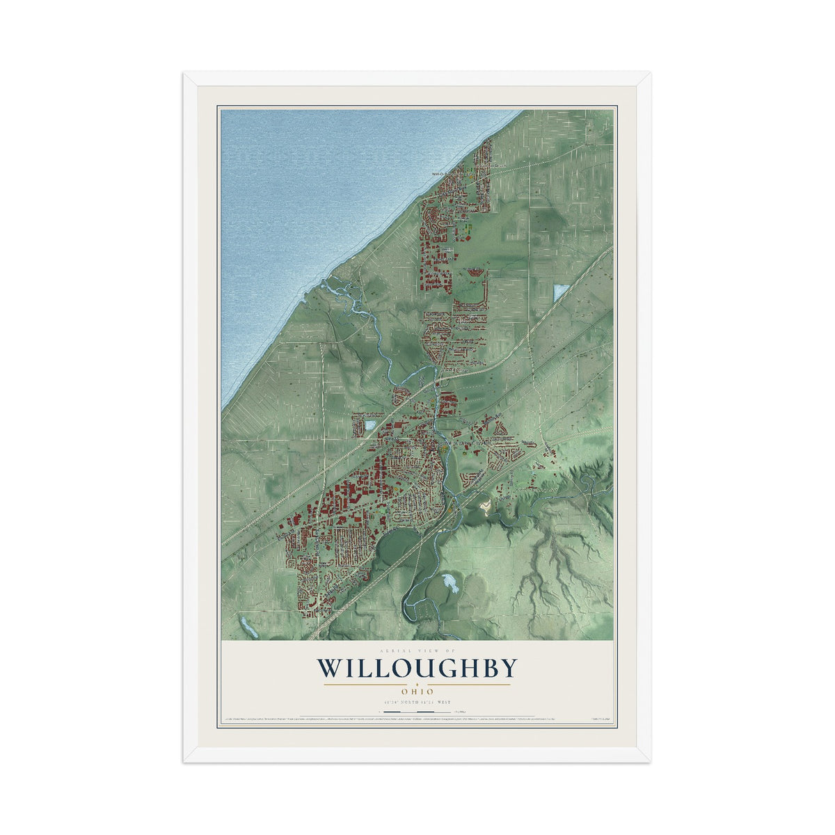 Map of Willoughby, Ohio, 12 x 18 inch print in a white wood frame