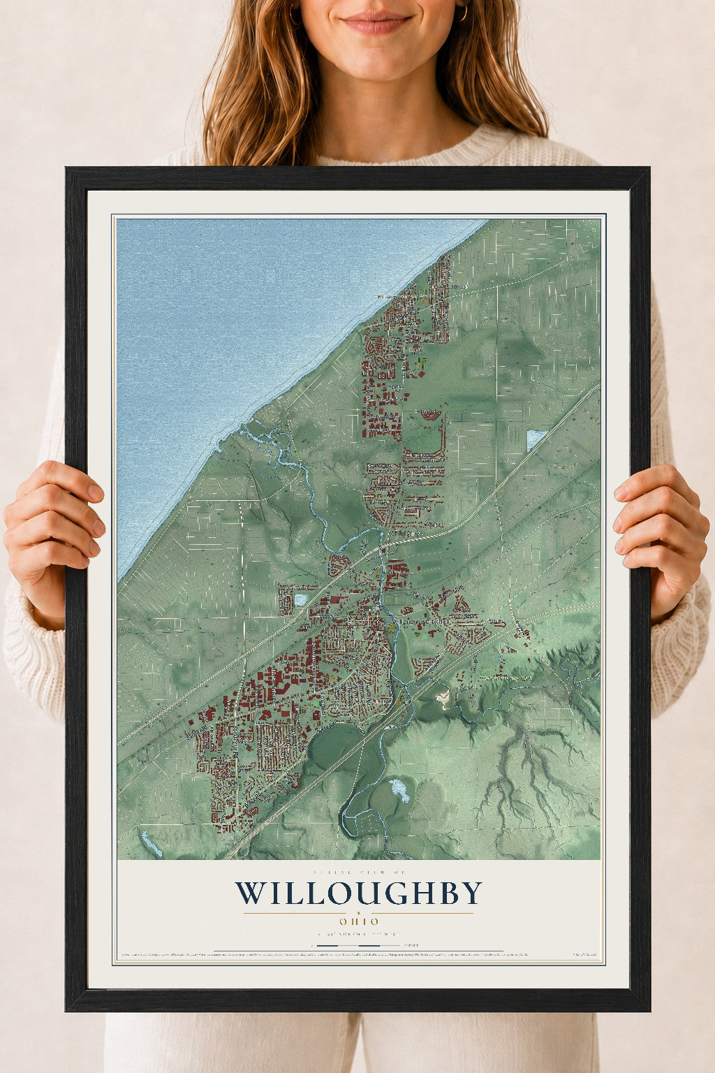 Map of Willoughby, Ohio, 18 x 24 inch print in a black wood frame