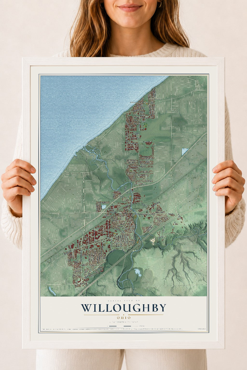Map of Willoughby, Ohio, 18 x 24 inch print in a white wood frame