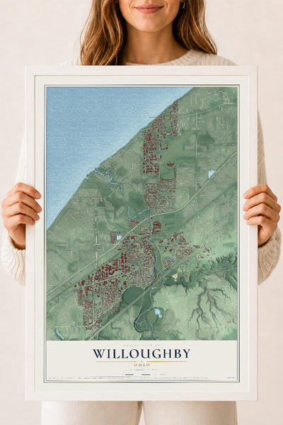 Map of Willoughby, Ohio, 18 x 24 inch print in a white wood frame