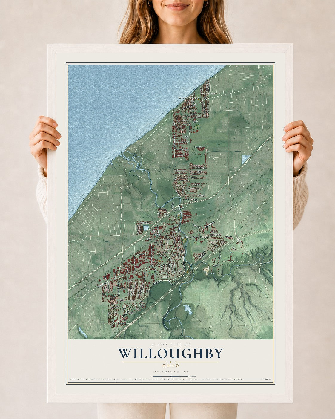 Map of Willoughby, Ohio, 24 x 36 inch print in a white wood frame