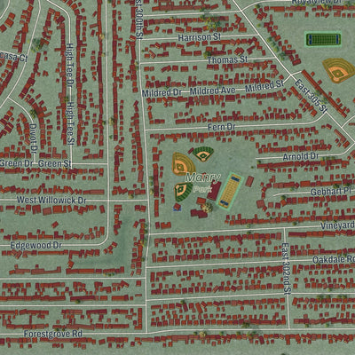 Close-up of the map of Willowick, Ohio print showing street and building detail