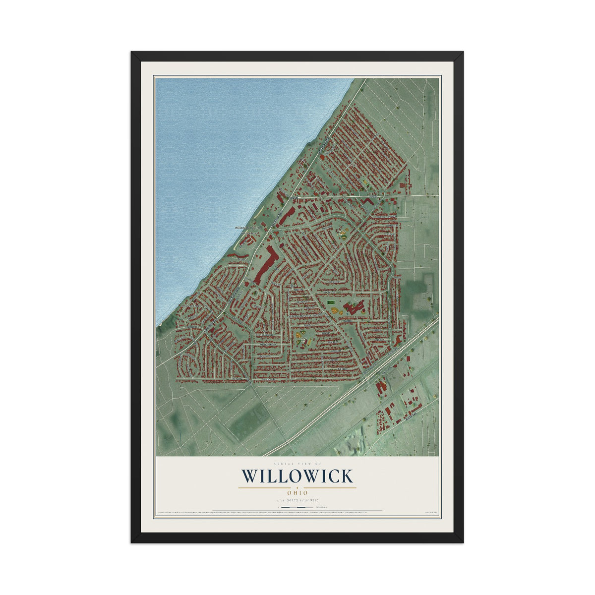 Map of Willowick, Ohio, 12 x 18 inch print in a black wood frame