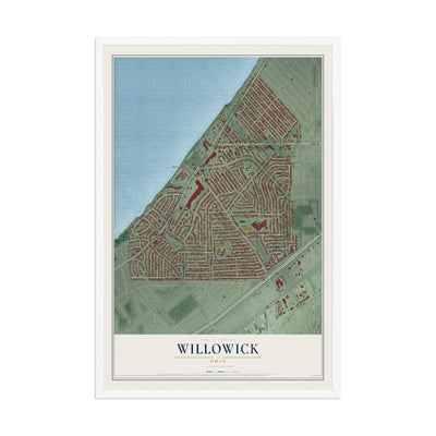 Map of Willowick, Ohio, 12 x 18 inch print in a white wood frame