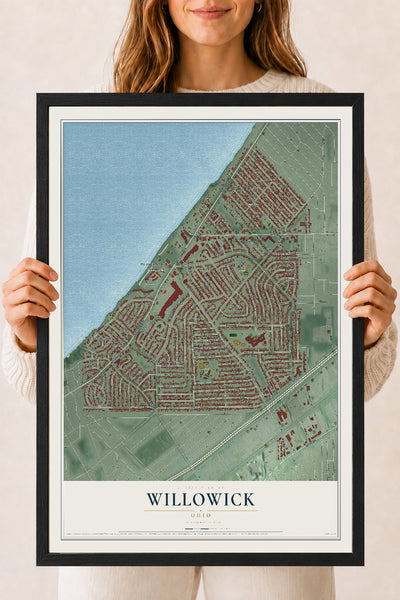 Map of Willowick, Ohio, 18 x 24 inch print in a black wood frame