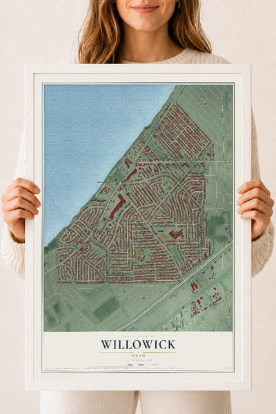 Map of Willowick, Ohio, 18 x 24 inch print in a white wood frame