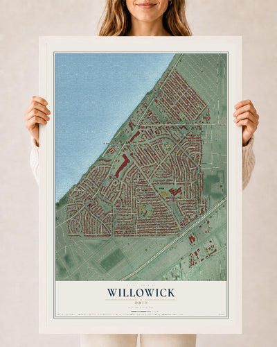 Map of Willowick, Ohio, 24 x 36 inch print in a white wood frame