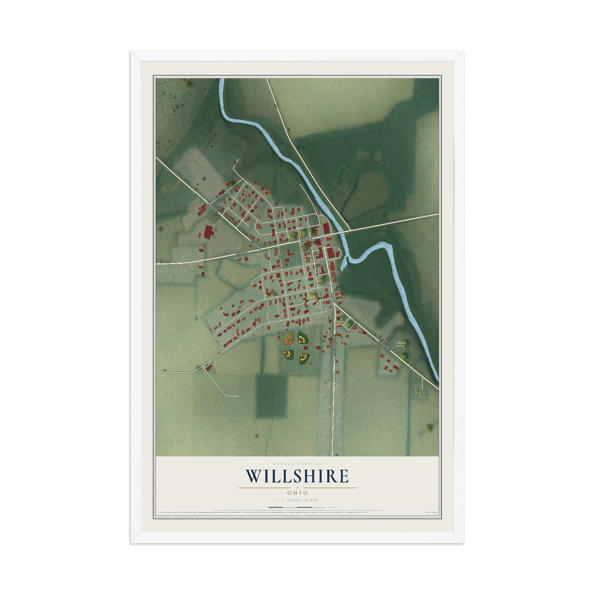 Map of Willshire, Ohio, 12 x 18 inch print in a white wood frame