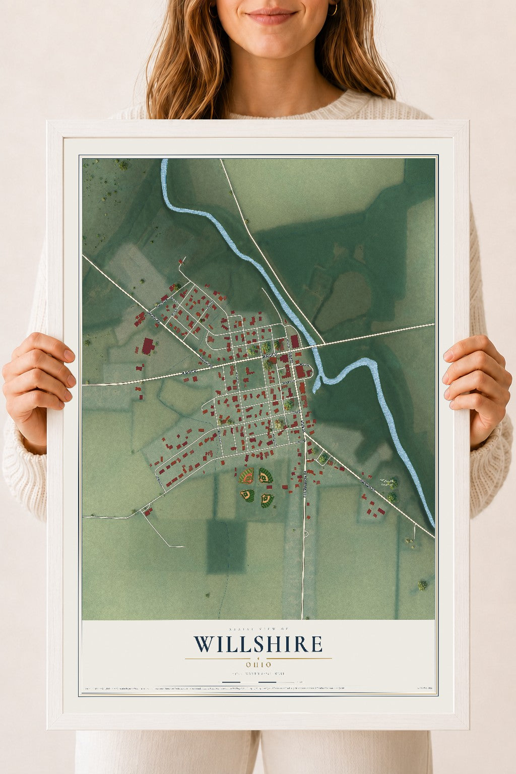 Map of Willshire, Ohio, 18 x 24 inch print in a white wood frame