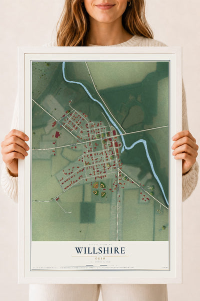 Map of Willshire, Ohio, 18 x 24 inch print in a white wood frame
